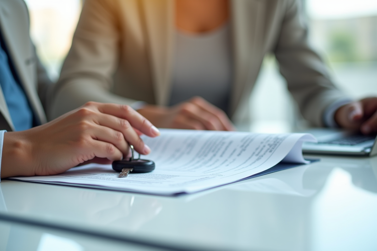 Mains tenant des documents de vente de voiture et une clé sur un bureau lumineux