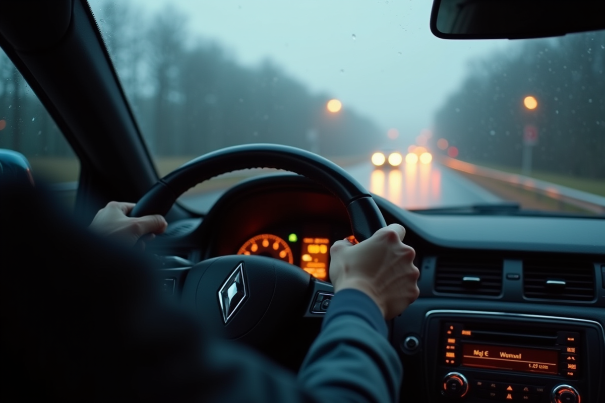 Main tenant le volant dans une voiture sous la pluie
