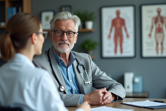 Homme de 61 ans parlant avec une medecin dans un bureau moderne
