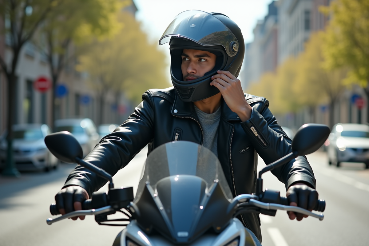 Motard ajustant son casque ouvert sur une moto en ville