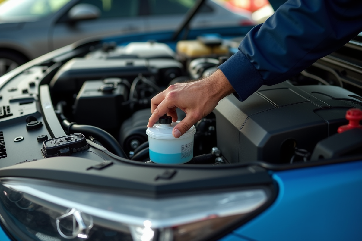 Mécanicien vérifiant le niveau du liquide de refroidissement dans le moteur
