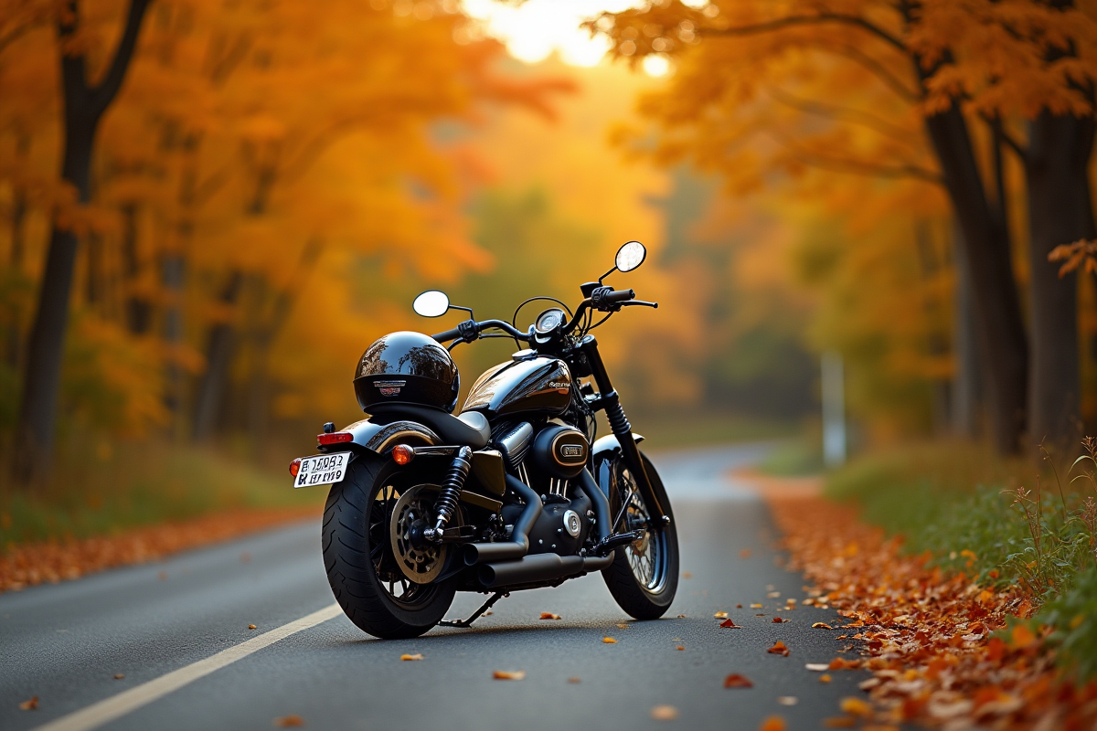 Moto garée sur route de campagne en automne ensoleillée