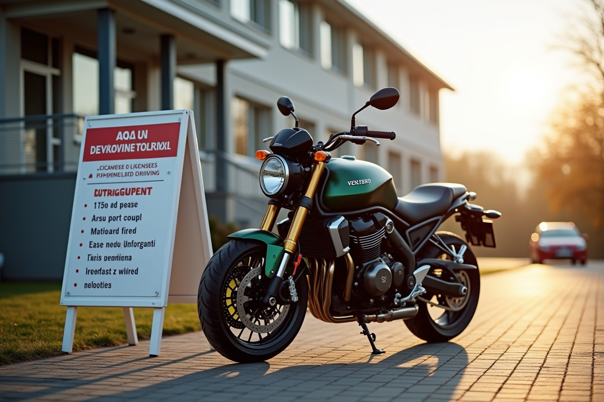 Moto trial garée devant école de conduite avec panneau de permis