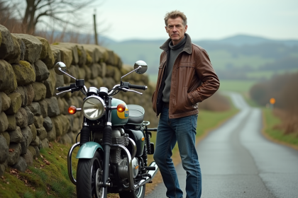 Homme d'&acirc;ge moyen avec moto classique en campagne