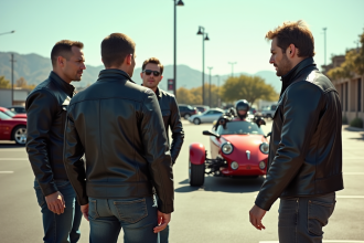 Groupe de motards en cuir noir regardant un trike coloré