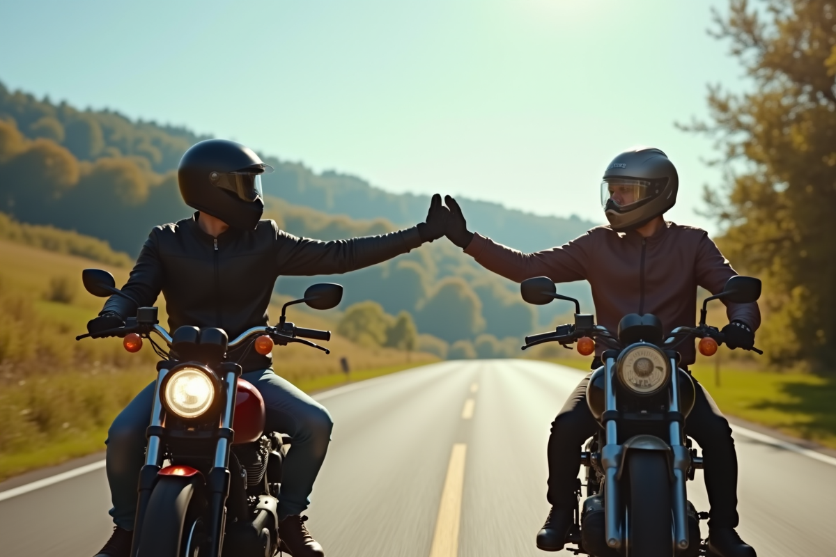 Motocycliste saluant sur une route de campagne ensoleillee