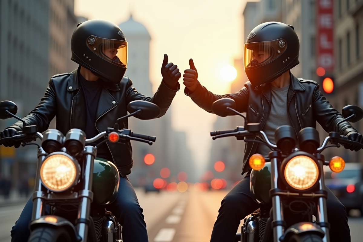 Motocycliste au feu rouge faisant un signe de pouce en ville