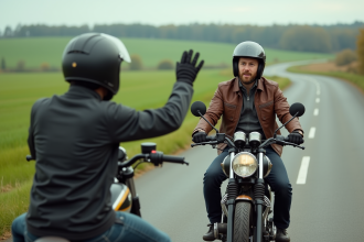 Deux motards saluant en campagne avec champs verts