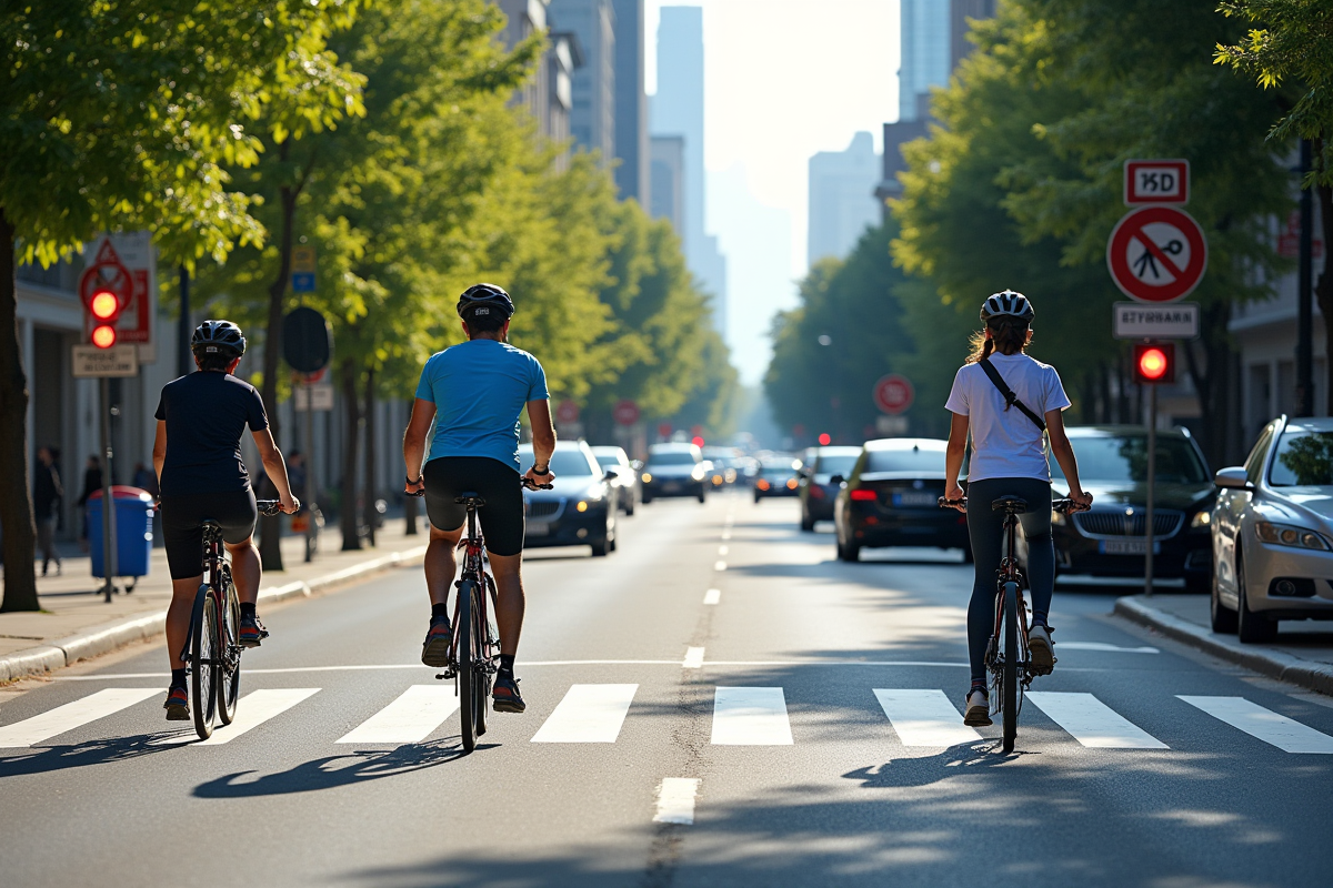 Passage piétons urbain avec cyclistes et voitures à un feu rouge en ville