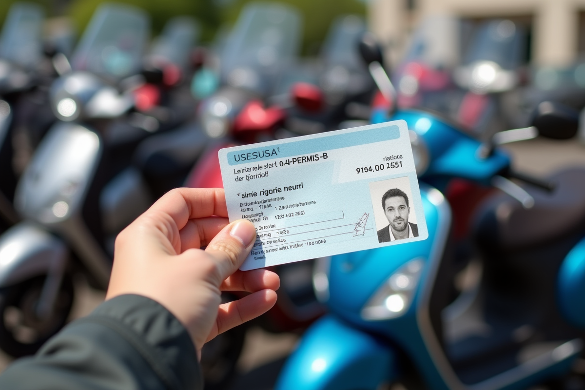 Main tenant un permis B devant des scooters alignes