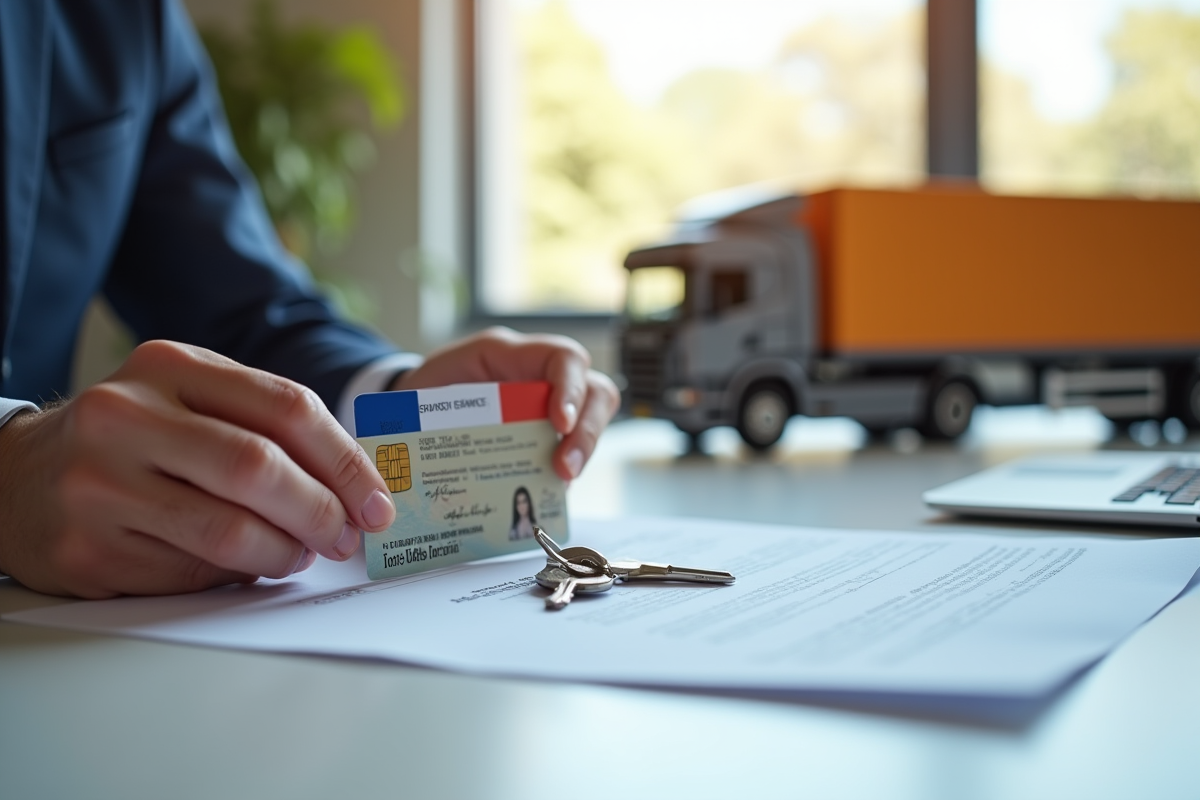Main tenant un permis de conduire français et carte bancaire sur un bureau