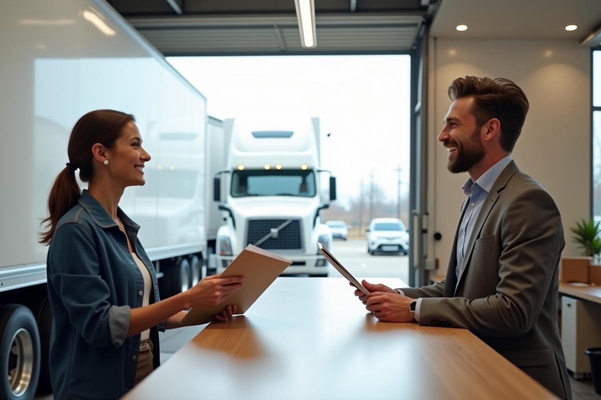 Personne souriante remettant des documents au comptoir de location de camion