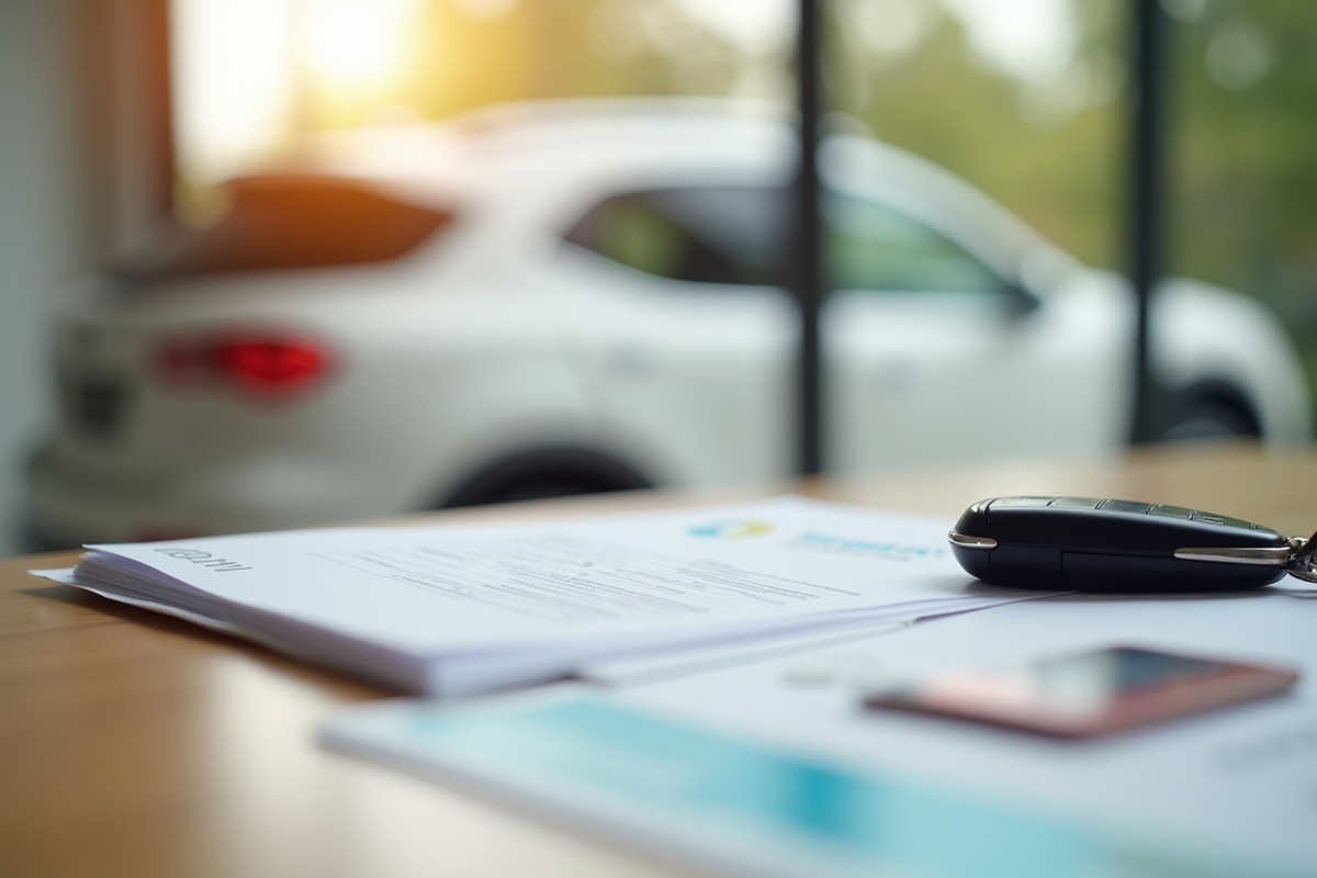 Piles de papiers de voiture et clé sur une table en bois en lumière naturelle