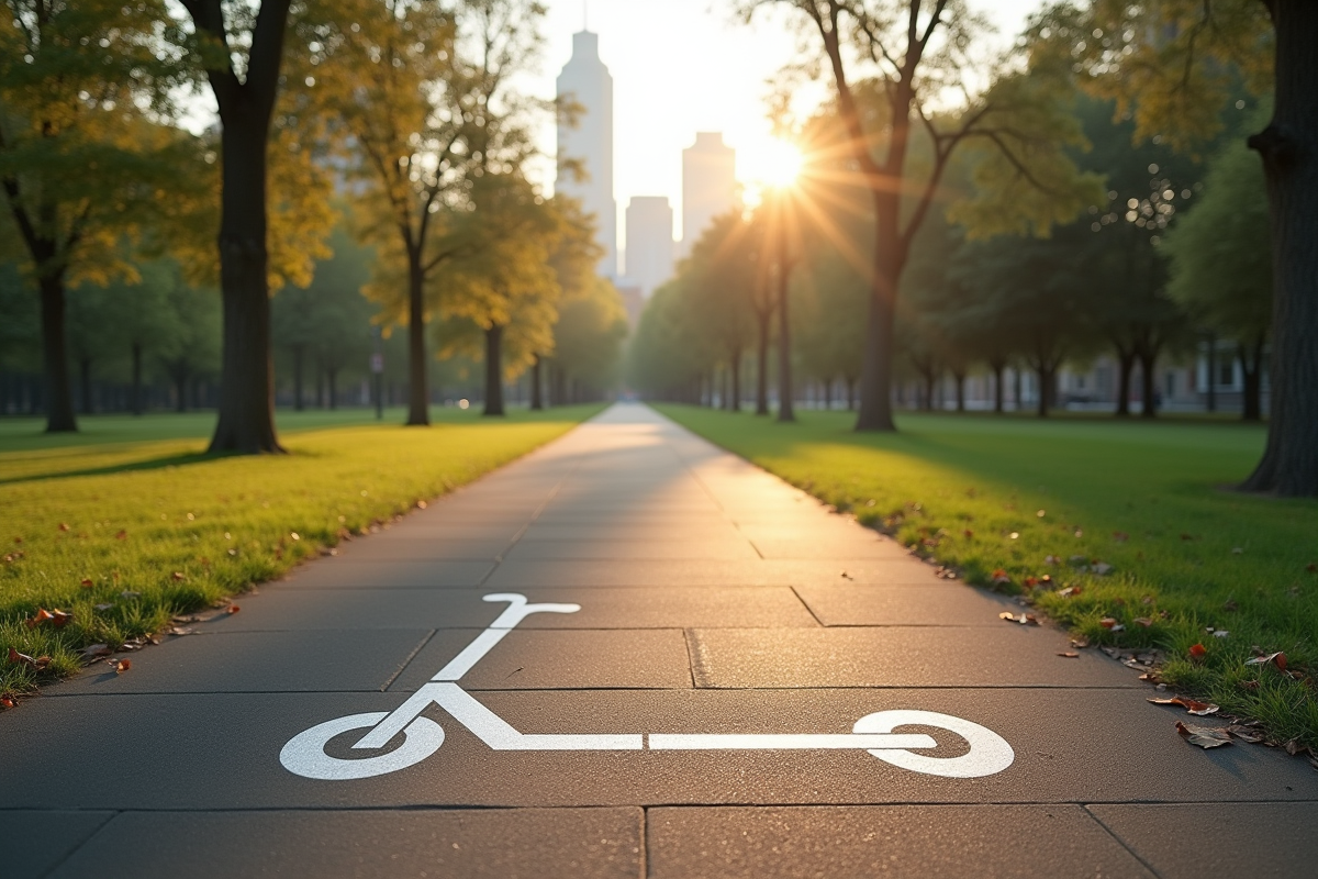 Allée de parc avec symbole de scooter électrique au sol au matin