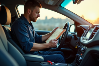 Mécanicien remplaçant un filtre cabine dans une voiture lumineuse