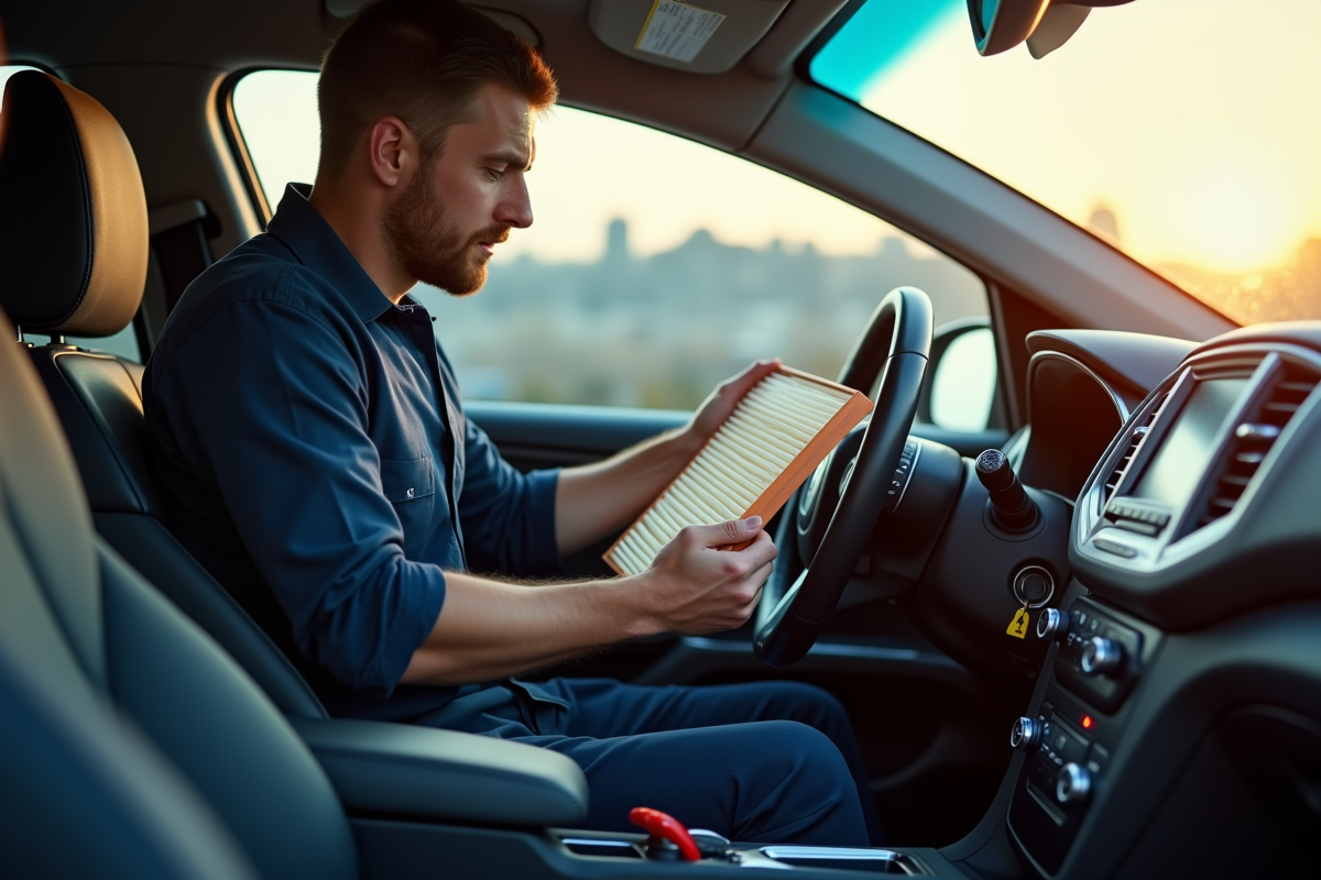 Mécanicien remplaçant un filtre cabine dans une voiture lumineuse