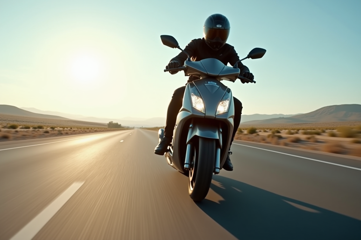 Scooter 500cc puissant sur route ouverte avec pilote moderne