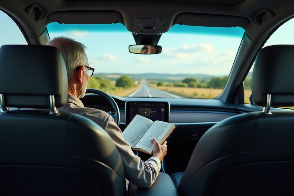 Senior lisant dans voiture autonome en campagne