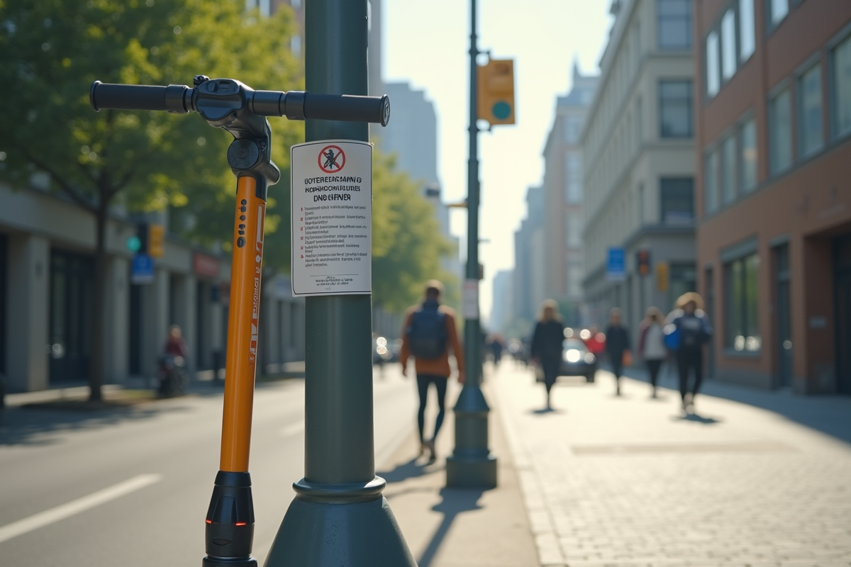 Station de scooters vide avec panneau de reglement urbain
