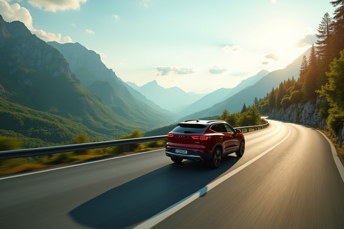 SUV 2025 en conduite sur route de montagne panoramique