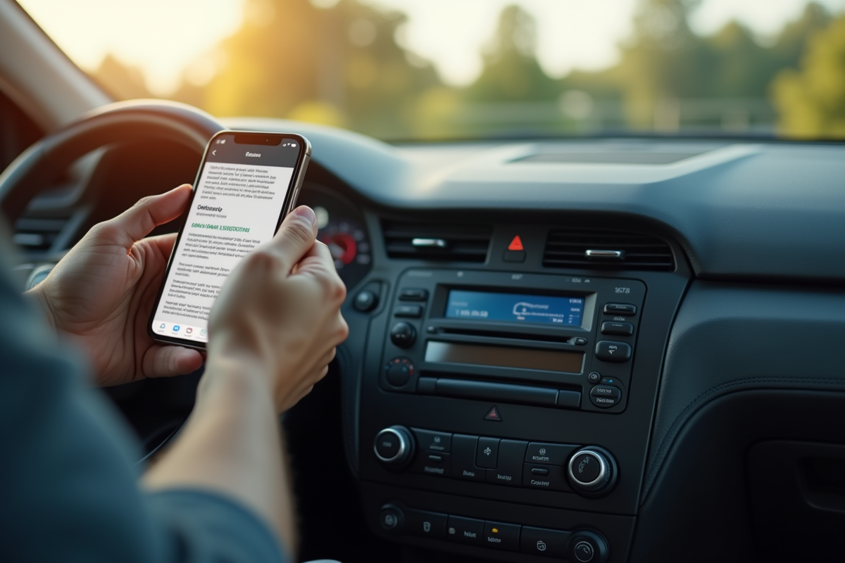Mains tenant un smartphone avec email de registration dans la voiture