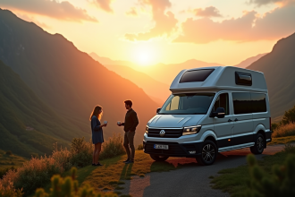 Van moderne au lever du soleil en montagne avec propriétaires