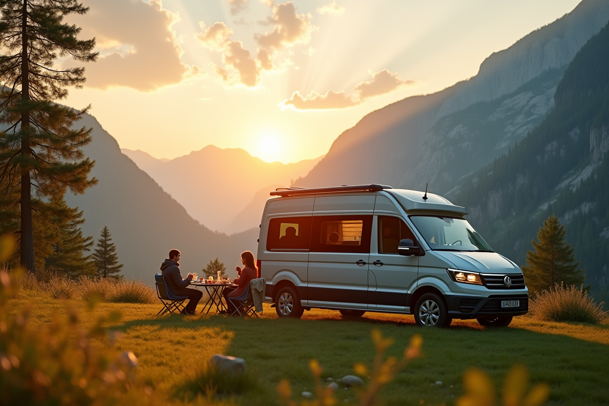 Van moderne en montagne au lever du soleil avec couple petit déjeuner