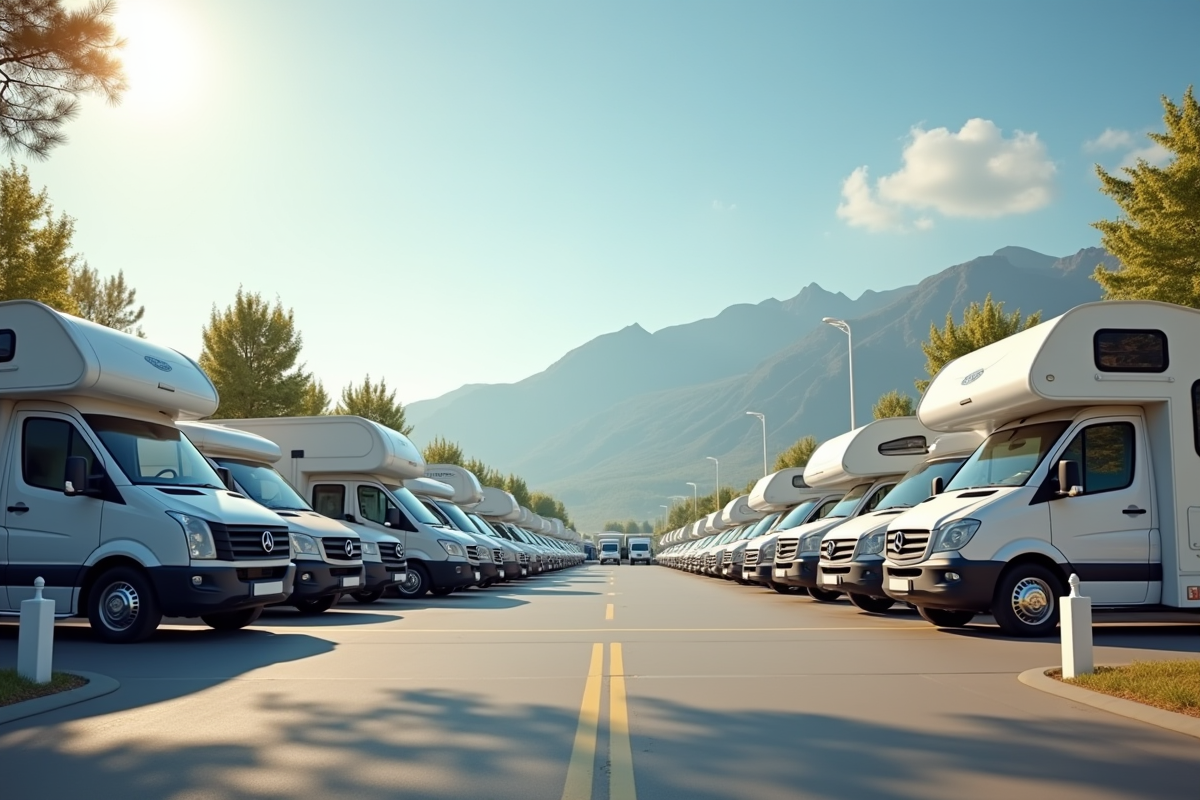 Vente de différents camping-cars dans un concessionnaire ensoleille