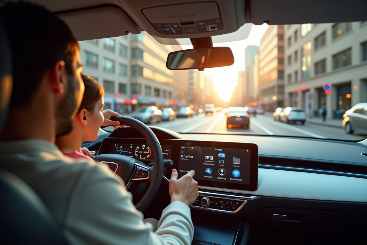 Voiture autonome moderne avec famille détendue en ville