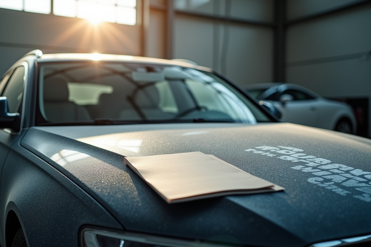 Voiture dans un garage propre avec lumière naturelle et dossier d