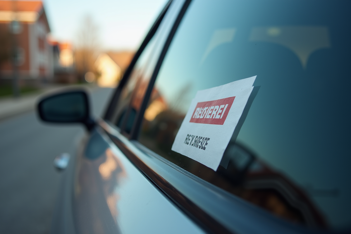 Voiture garée dans une rue résidentielle avec sticker d'assurance expiré