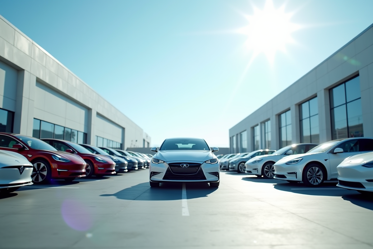 Parking avec voitures électriques et dernière hybride sous un ciel bleu